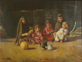 Ahmad Al Nassry 2004 - Family portrait, Islamic oil on canvas, framed, 79cm x 59cm excluding the