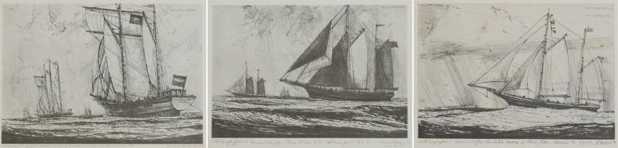 Ships at sea, set of three pencil signed Maritime lithographic prints, each indistinctly inscribed