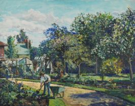 Garden landscape with gardener and wheelbarrow, Pointillist oil on board, framed, 76cm x 62cm