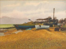 A Colbert - Beached Fishing Boats at Evening, Worthing, mixed media, inscribed verso, mounted,