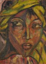 Portrait of a female wearing a headscarf, African school oil on canvas, mounted and framed, 40.5cm x