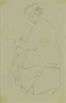 Charles Clixby Watson - Full length portrait of a seated female wearing a hat, pencil, mounted,