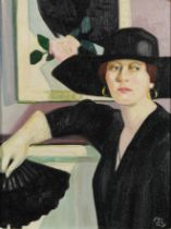 Female in an interior, Primrose Hill school oil on board, framed, 34cm x 25cm excluding the frame