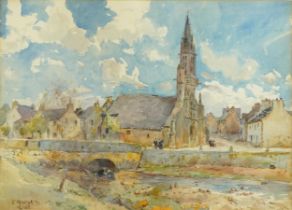 Village scene with bridge over stream and church, indistinctly signed, possibly L'Honitae?,