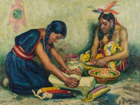 Two Native Americans preparing food, oil on board, mounted and framed, 39cm x 29.5cm excluding the