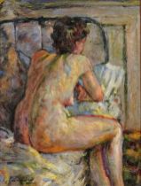 After George Leslie Hunter - Nude female in an interior, Scottish Colourist school oil on board,