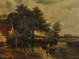 After John Constable - Horse and cart before trees, Old Master style oil on board, mounted and