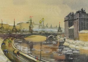 River landscape with buildings, Moscow, heightened Russian mixed media, inscribed to the mount in