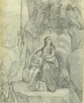 Rebecca Stanfield - Mother and children sheltering beneath a vulture, 19th century pencil, inscribed