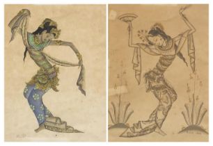 Figures dancing, pair of Balinese watercolours, mounted, framed and glazed, each 33.5cm x 25cm