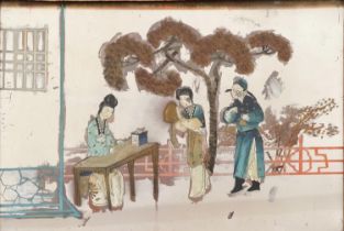 Chinese mirrored panel decorated with two figures attending a scholar, framed, 59cm x 38.5cm