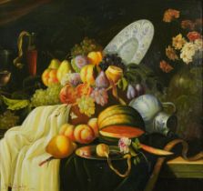 Still life fruit and vessels, Old Master style oil on board, framed, 50cm x 47cm excluding the