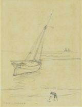 Frank Lewis Emanuel - Figure before moored fishing boat, maritime interest pencil sketch, details