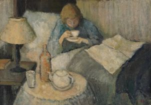 Female resting in bed, Camden school oil on board, framed, 58.5cm x 41cm excluding the frame