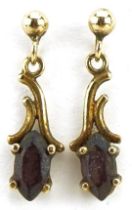 Pair of 9ct gold garnet drop earrings, 1.7cm high, 0.7g