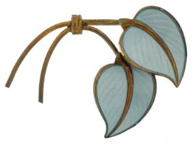 Hans Myhre, Norwegian 925S sterling silver gilt and blue guilloche enamel leaf brooch, 4.3cm wide,