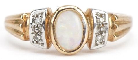 9ct gold cabochon opal and diamond ring, size L/M, 1.8g