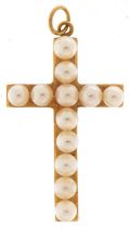 18ct gold Mikimoto pearl cross pendant, 2.8cm high, 2.5g