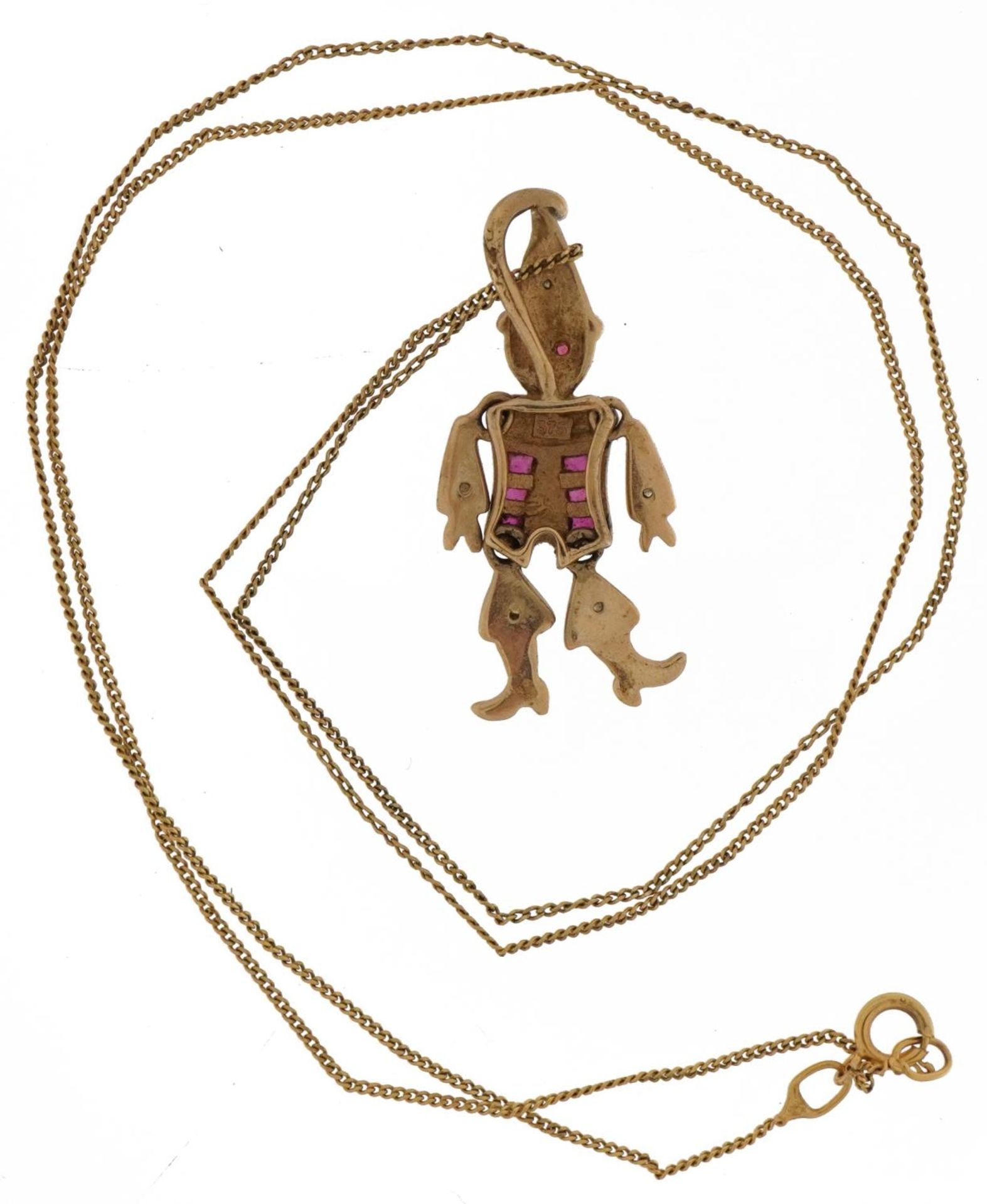 9ct gold ruby and diamond clown pendant with articulated limbs on a 9ct gold necklace, 2.5cm high - Image 3 of 4