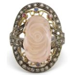 Large silver gilt ring set with multicoloured diamonds and carved flower head rose quartz, total