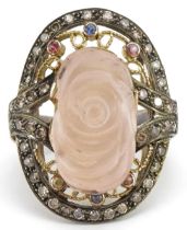 Large silver gilt ring set with multicoloured diamonds and carved flower head rose quartz, total