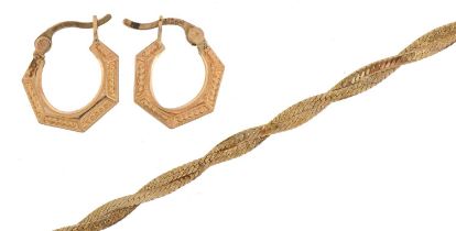 9ct gold flattened weave link bracelet and a pair of 9ct gold hexagonal hoop earrings, the