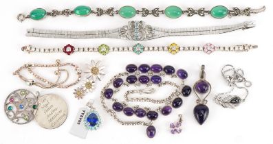 Silver jewellery, some set with semi precious stones including necklaces, bracelets and pendants,