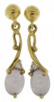 Pair of 9ct gold lavender jade and diamond drop earrings, 2.5cm high, 1.8g