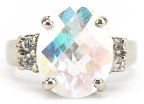 14ct white gold opalescent stone ring with clear stone shoulders, size L, 5.3g