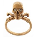 9ct gold diamond skull and crossbones ring, size L, 8.6g