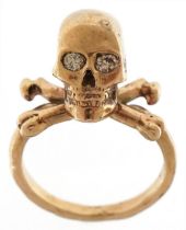 9ct gold diamond skull and crossbones ring, size L, 8.6g