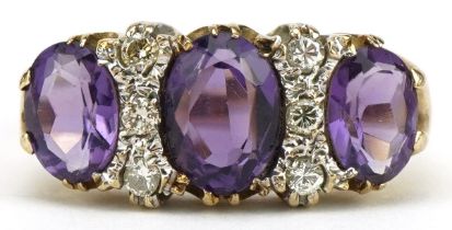 9ct gold amethyst and diamond nine stone ring, total amethyst weight approximately 3.60 carat, total