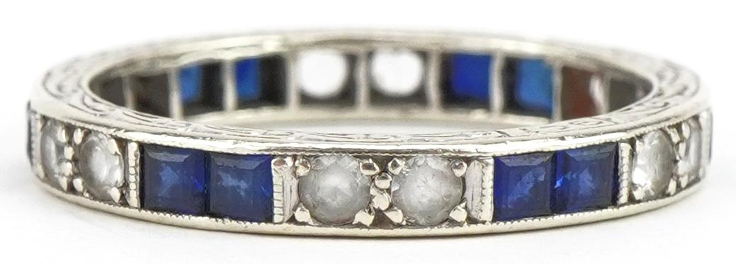 9ct white gold sapphire and white spinel eternity ring, size P, 2.5g - Image 2 of 3