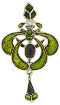 Art Nouveau style sterling silver and enamel pendant set with a cabochon garnet, 5.5cm high, 8.5g