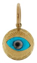 Turkish unmarked gold and glass all seeing eye pendant, tests as 14ct gold, overall 2.5cm high, 2.5g