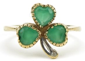 9ct two tone gold emerald and diamond shamrock ring, size L/M, 2.2g