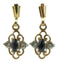 Pair of 9ct gold sapphire and diamond openwork drop earrings, 1.7cm high, 1.0g