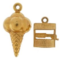 Two unmarked gold charms comprising wishing well and ice cream, test as 9ct gold, the largest 2cm