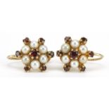 Pair of 9ct gold garnet and pearl flowerhead earrings with screw backs, 1.3cm wide, 4.4g