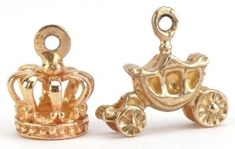 Two 9ct gold charms comprising coronation coach and crown, the largest 1.4cm wide, total 2.7g