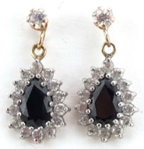 Pair of 9ct gold cubic zirconia and sapphire teardrop earrings, 1.8cm high, 1.7g