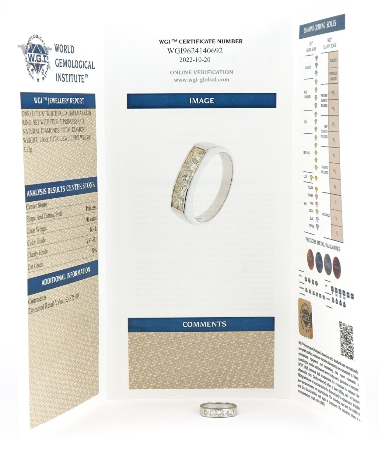 18ct white gold princess cut diamond five stone half eternity ring with certificate, total diamond - Image 6 of 7