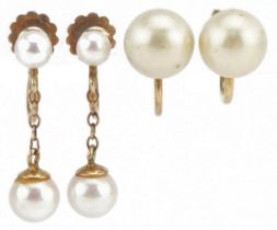 Pair of 9ct gold cultured pearl drop earrings and pair of 14ct gold simulated pearl earrings, both