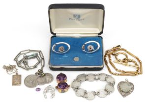 Vintage and later jewellery including silver coin bracelet, watch chains, silver St. Christopher