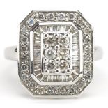 Art Deco style 14ct white gold diamond three tier cluster ring, size N, 4.6g