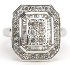 Art Deco style 14ct white gold diamond three tier cluster ring, size N, 4.6g