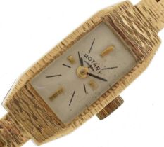 Rotary, ladies 9ct gold wristwatch with 9ct gold bark design strap, the case 11mm wide, total weight