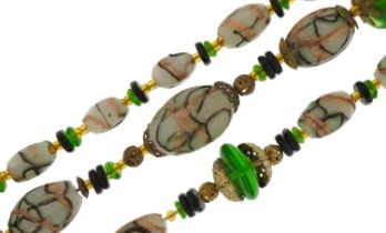 Vintage Venetian hand painted Murano glass bead necklace and matching bracelet, 66cm and 18cm in