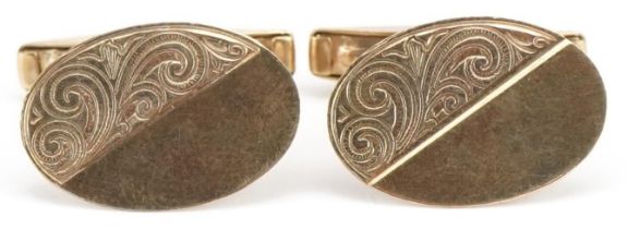 Pair of 9ct gold engraved cufflinks, 1.8cm wide, 4.4g