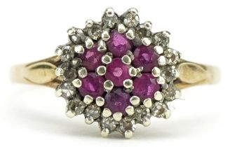9ct gold ruby and diamond cluster ring, size N/O, 2.1g